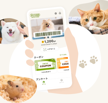 ペテモアプリ画面とペットたちの写真 - 犬、猫、ハムスターに囲まれたスマートフォンにペット会員証、ポイント、クーポンが表示されている